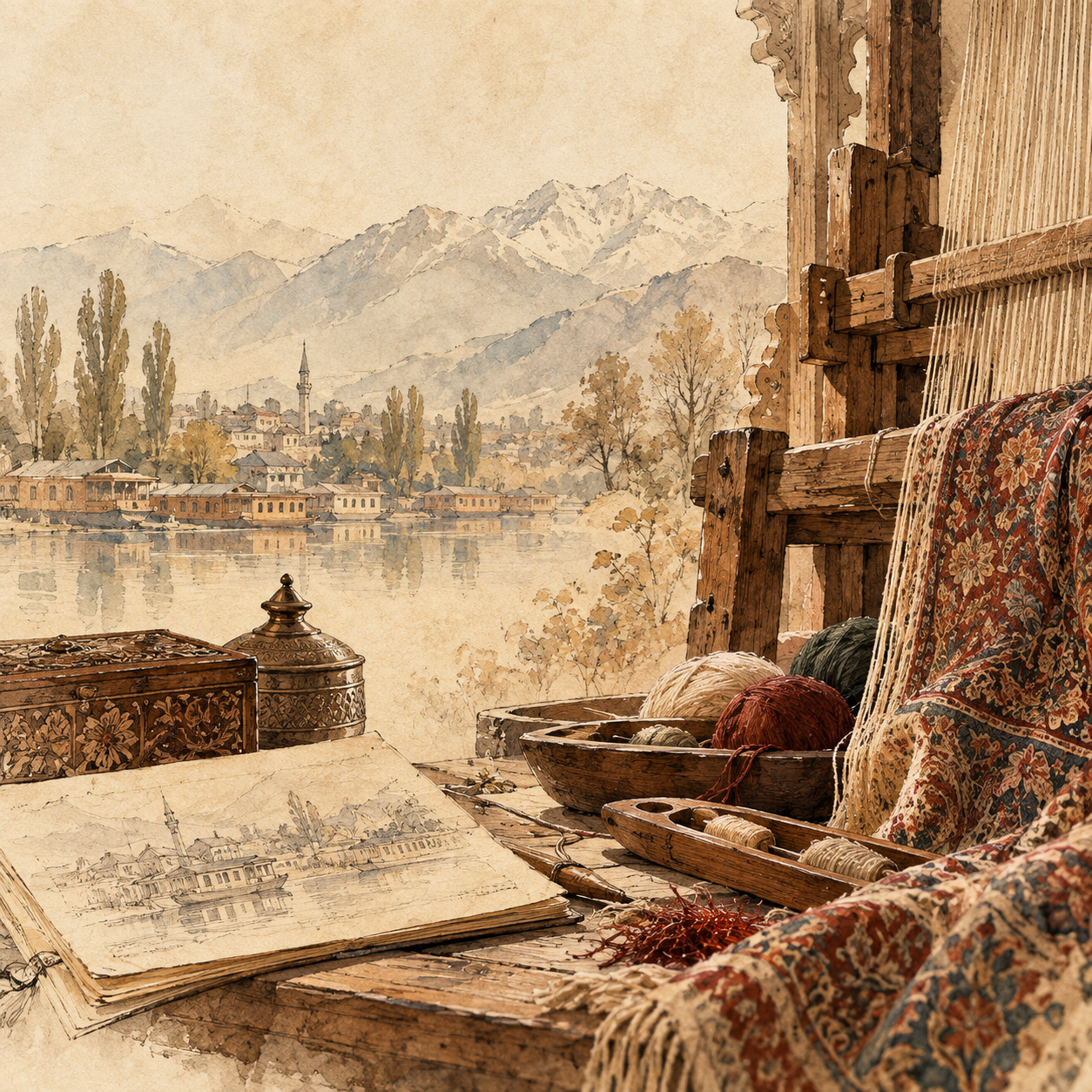 A traditional Kashmiri loom at work